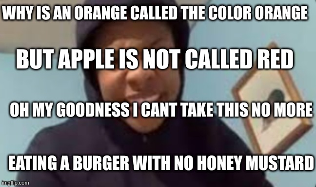 oh my goodness | WHY IS AN ORANGE CALLED THE COLOR ORANGE; BUT APPLE IS NOT CALLED RED; OH MY GOODNESS I CANT TAKE THIS NO MORE; EATING A BURGER WITH NO HONEY MUSTARD | image tagged in eating a burger with honey mustard | made w/ Imgflip meme maker