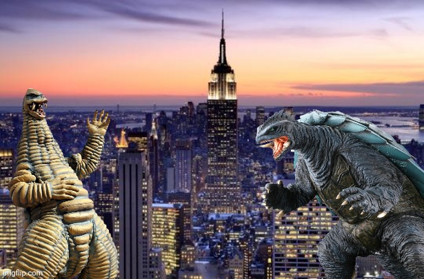 Battle at New York (Who Would Win, Gamera or Red King) | image tagged in gamera,ultraman,kaiju | made w/ Imgflip meme maker