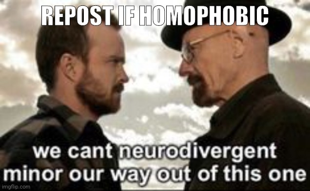 we cant neurodivergent minor our way out of this one | REPOST IF HOMOPHOBIC | image tagged in we cant neurodivergent minor our way out of this one | made w/ Imgflip meme maker