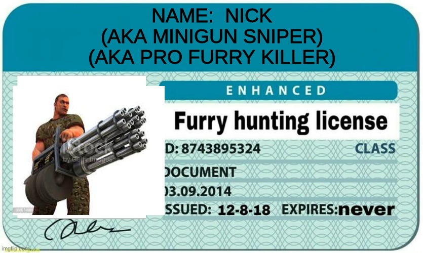 end @a furrys | NAME:  NICK
(AKA MINIGUN SNIPER)
(AKA PRO FURRY KILLER) | image tagged in furry hunting license | made w/ Imgflip meme maker