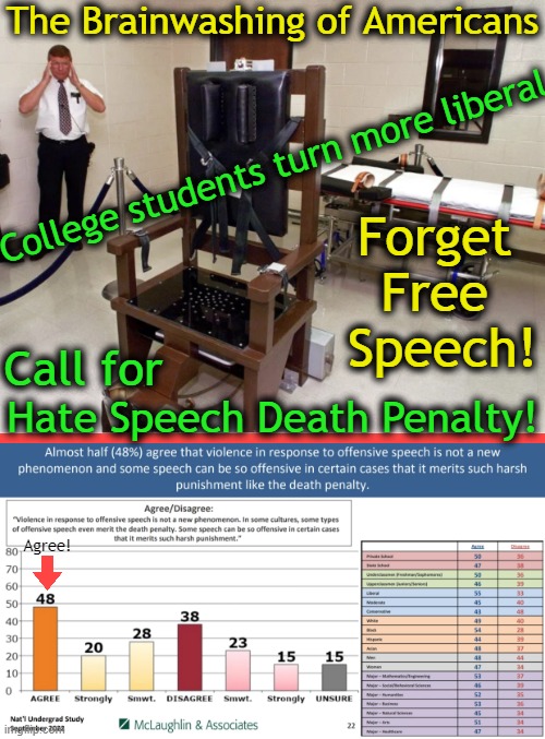 The NOT So Tolerant Left! | The Brainwashing of Americans; College students turn more liberal; Forget 
Free 
Speech! Call for; Hate Speech Death Penalty! Agree! | image tagged in politics,college liberal,hate speech,stupidity,students,free speech | made w/ Imgflip meme maker