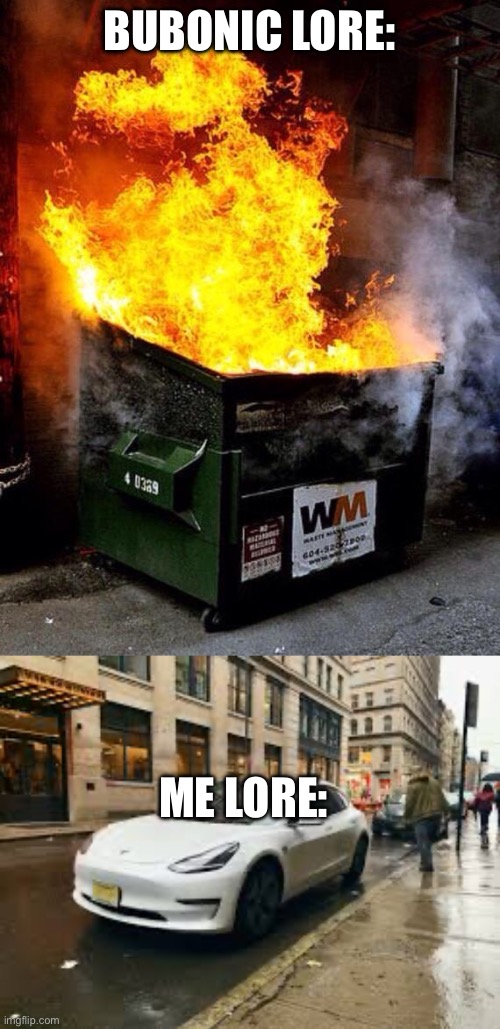 Frfrong its lit | BUBONIC LORE:; ME LORE: | image tagged in dumpster fire | made w/ Imgflip meme maker