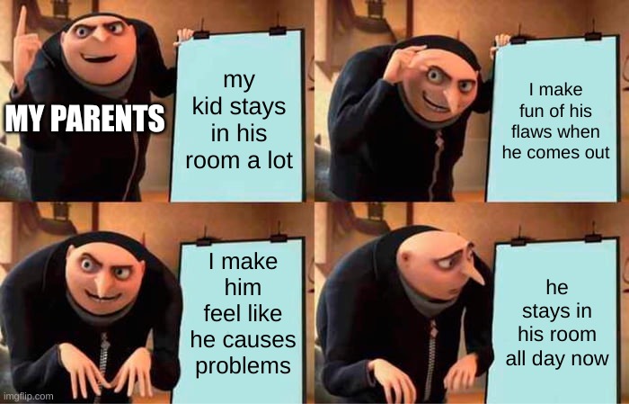 And they wonder why I have these problems... | my kid stays in his room a lot; I make fun of his flaws when he comes out; MY PARENTS; I make him feel like he causes problems; he stays in his room all day now | image tagged in memes,gru's plan | made w/ Imgflip meme maker