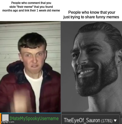 Guy is a hypocrite | People who know that your just trying to share funny memes; People who comment that you stole "their meme" that you found months ago and link their 1 week old meme | image tagged in average fan vs average enjoyer | made w/ Imgflip meme maker