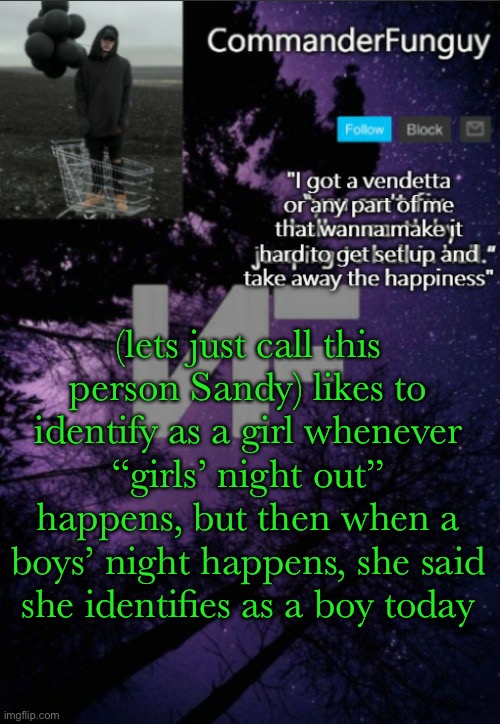 lol | (lets just call this person Sandy) likes to identify as a girl whenever “girls’ night out” happens, but then when a boys’ night happens, she said she identifies as a boy today | image tagged in commanderfunguy nf template thx yachi | made w/ Imgflip meme maker