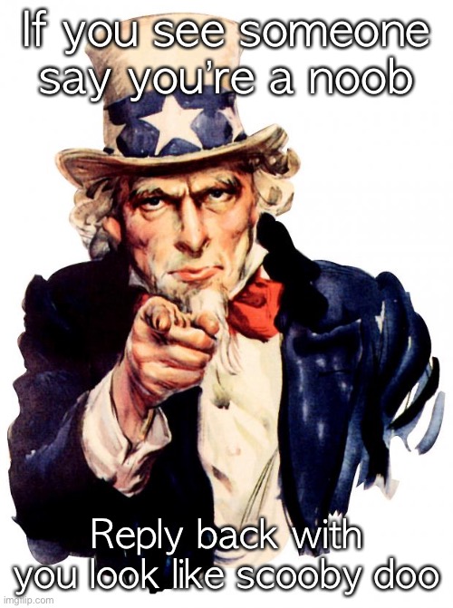 Uncle Sam Meme | If you see someone say you’re a noob; Reply back with you look like scooby doo | image tagged in memes,uncle sam | made w/ Imgflip meme maker