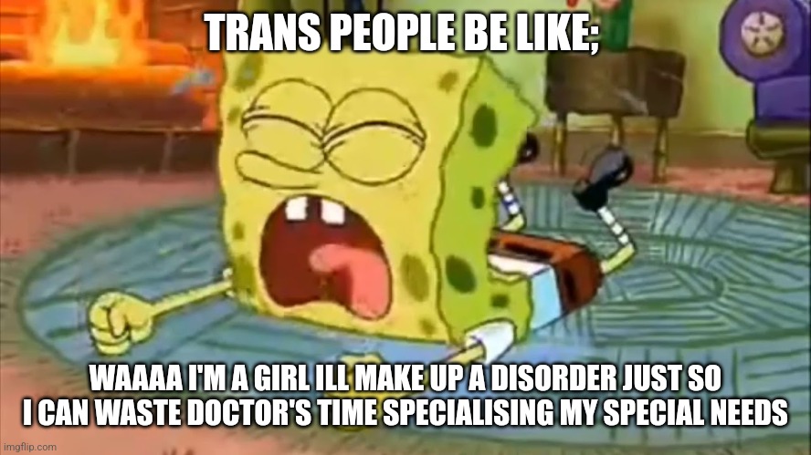 SpongeBob Temper Tantrum | TRANS PEOPLE BE LIKE;; WAAAA I'M A GIRL ILL MAKE UP A DISORDER JUST SO I CAN WASTE DOCTOR'S TIME SPECIALISING MY SPECIAL NEEDS | image tagged in spongebob temper tantrum | made w/ Imgflip meme maker