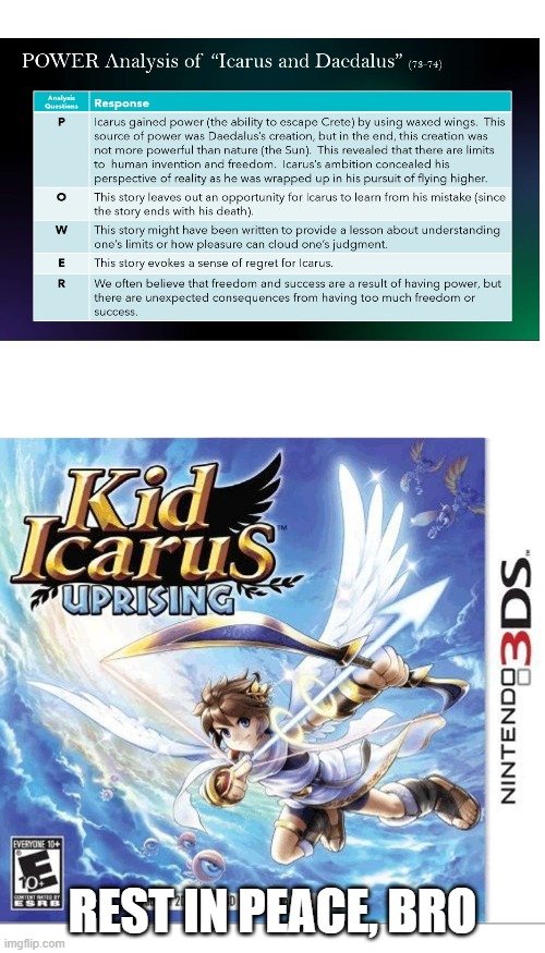RIP Kid Icarus :( | REST IN PEACE, BRO | image tagged in rip,kid icarus,teacher,saddening things | made w/ Imgflip meme maker