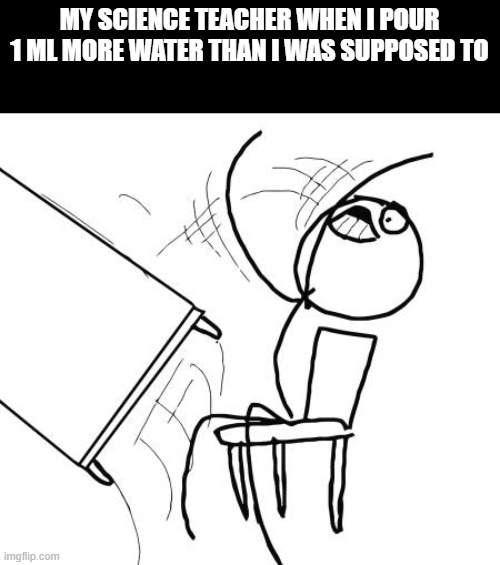 Table Flip Guy Meme | MY SCIENCE TEACHER WHEN I POUR 1 ML MORE WATER THAN I WAS SUPPOSED TO | image tagged in memes,table flip guy | made w/ Imgflip meme maker