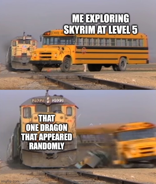 A train hitting a school bus |  ME EXPLORING SKYRIM AT LEVEL 5; THAT ONE DRAGON THAT APPEARED RANDOMLY | image tagged in a train hitting a school bus,skyrim,meme | made w/ Imgflip meme maker