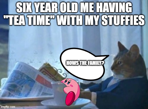 lol did this way to often ngl | SIX YEAR OLD ME HAVING "TEA TIME" WITH MY STUFFIES; HOWS THE FAMILY? | image tagged in memes,i should buy a boat cat,stuffies,tea time | made w/ Imgflip meme maker