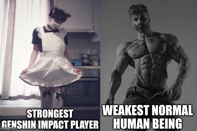 Strongest Fan VS Weakest Fan | STRONGEST GENSHIN IMPACT PLAYER; WEAKEST NORMAL HUMAN BEING | image tagged in strongest fan vs weakest fan | made w/ Imgflip meme maker