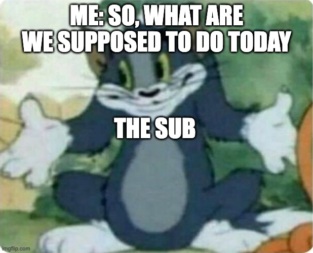 Tom Shrugging | ME: SO, WHAT ARE WE SUPPOSED TO DO TODAY; THE SUB | image tagged in tom shrugging | made w/ Imgflip meme maker