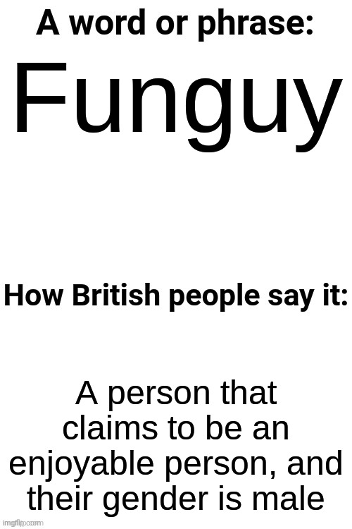 How British People Say It | Funguy; A person that claims to be an enjoyable person, and their gender is male | image tagged in how british people say it | made w/ Imgflip meme maker