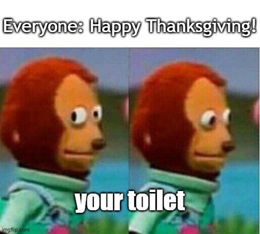 Thxgiving Toilet |  Everyone: Happy Thanksgiving! your toilet | image tagged in teddy bear look away,toilet humor,thanksgiving,happy thanksgiving,memes | made w/ Imgflip meme maker