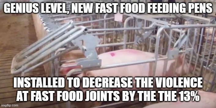 Fast Food Feed Pens | GENIUS LEVEL, NEW FAST FOOD FEEDING PENS; INSTALLED TO DECREASE THE VIOLENCE AT FAST FOOD JOINTS BY THE THE 13% | image tagged in fast food feed pens | made w/ Imgflip meme maker