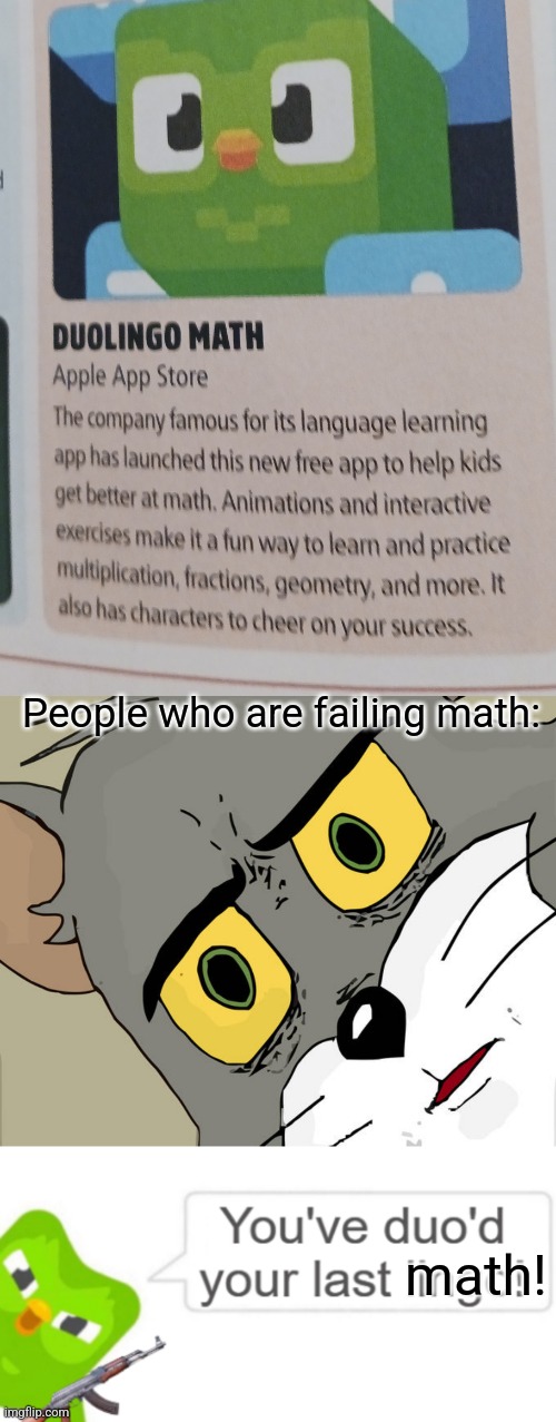 Oh no... | People who are failing math:; math! | image tagged in memes,unsettled tom,you've duo'd your last lingo,duolingo,duolingo bird,math | made w/ Imgflip meme maker