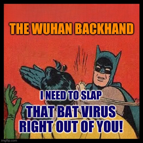 WuHoo! | THE WUHAN BACKHAND; I NEED TO SLAP; THAT BAT VIRUS RIGHT OUT OF YOU! | image tagged in bat slap 22,batman slapping robin,wuhan,bat,virus,the cure | made w/ Imgflip meme maker
