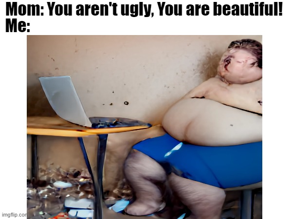 Moms have different eyes |  Mom: You aren't ugly, You are beautiful! Me: | image tagged in fat guy,trash,ugly,beautiful | made w/ Imgflip meme maker