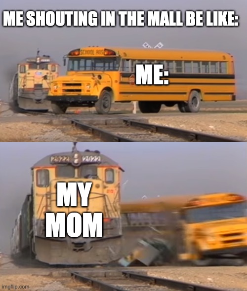 me at the mall | ME SHOUTING IN THE MALL BE LIKE:; ME:; MY MOM | image tagged in a train hitting a school bus,moms,mall,memes,funny,stop reading the tags | made w/ Imgflip meme maker
