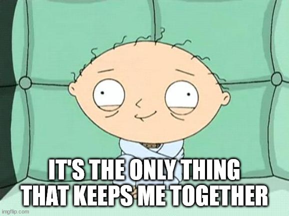 stewie straight jacket | IT'S THE ONLY THING THAT KEEPS ME TOGETHER | image tagged in stewie straight jacket | made w/ Imgflip meme maker