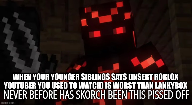 Skorch is mad | WHEN YOUR YOUNGER SIBLINGS SAYS (INSERT ROBLOX YOUTUBER YOU USED TO WATCH) IS WORST THAN LANKYBOX | image tagged in never before has skorch been this pissed off | made w/ Imgflip meme maker