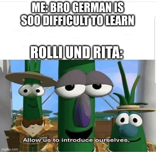 rolli und rita makes german easier. Prove me wrong |  ME: BRO GERMAN IS SOO DIFFICULT TO LEARN; ROLLI UND RITA: | image tagged in allow us to introduce ourselves,german | made w/ Imgflip meme maker