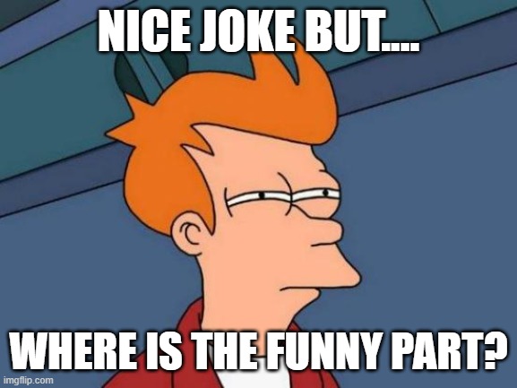 True? | NICE JOKE BUT.... WHERE IS THE FUNNY PART? | image tagged in memes,futurama fry | made w/ Imgflip meme maker