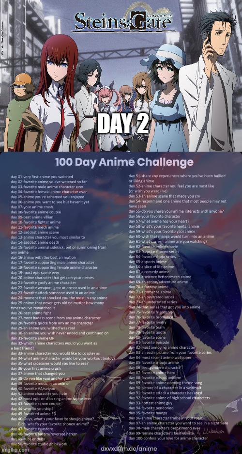 day 2 | DAY 2 | image tagged in 100 day anime challenge | made w/ Imgflip meme maker
