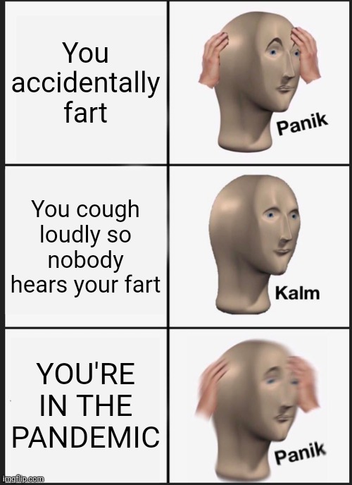uhoh | You accidentally fart; You cough loudly so nobody hears your fart; YOU'RE IN THE PANDEMIC | image tagged in memes,panik kalm panik | made w/ Imgflip meme maker