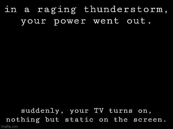 horror rp! no op or joke ocs, no dragnoc, and no erp! | in a raging thunderstorm, your power went out. suddenly, your TV turns on, nothing but static on the screen. | made w/ Imgflip meme maker