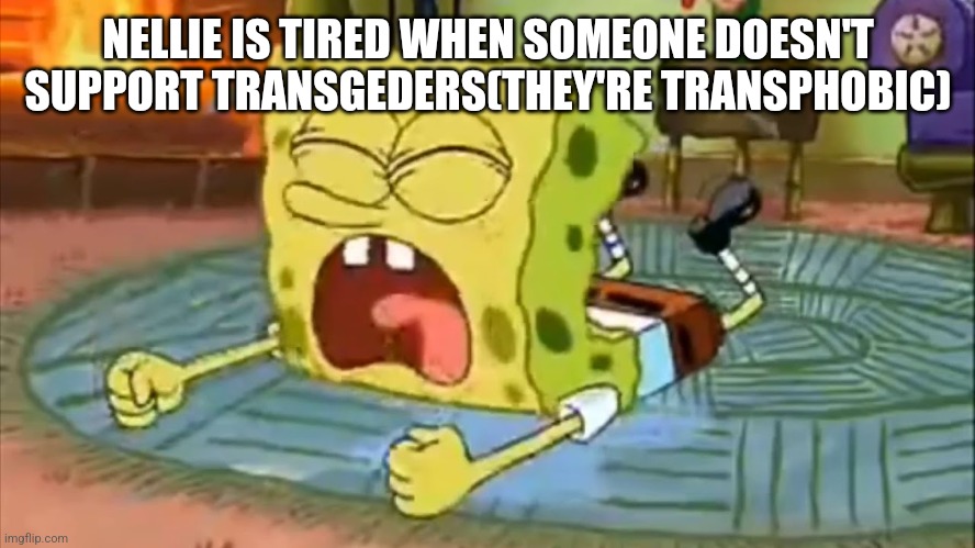 Someone needs to tell her its a bad place for lgbtq in msmg | NELLIE IS TIRED WHEN SOMEONE DOESN'T SUPPORT TRANSGEDERS(THEY'RE TRANSPHOBIC) | image tagged in spongebob temper tantrum | made w/ Imgflip meme maker