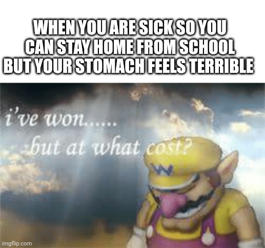 The price of staying home when your sick | WHEN YOU ARE SICK SO YOU CAN STAY HOME FROM SCHOOL BUT YOUR STOMACH FEELS TERRIBLE | image tagged in i've won but at what cost,memes,sickness | made w/ Imgflip meme maker