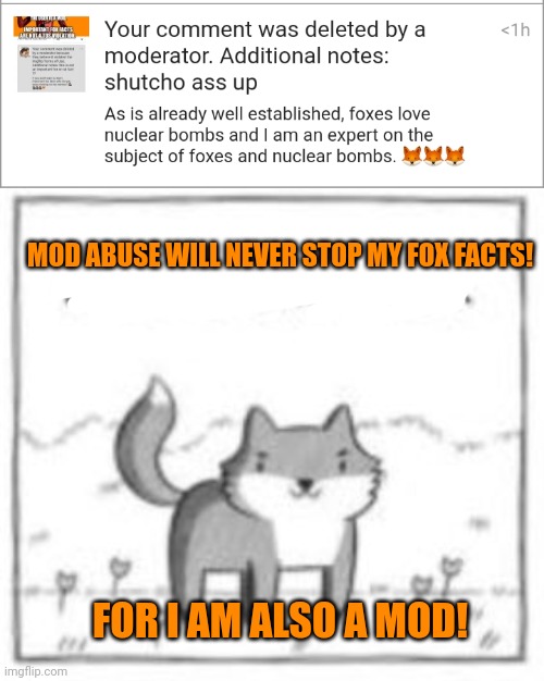 Important fox facts | MOD ABUSE WILL NEVER STOP MY FOX FACTS! FOR I AM ALSO A MOD! | image tagged in sneaky fox,fox,facts | made w/ Imgflip meme maker