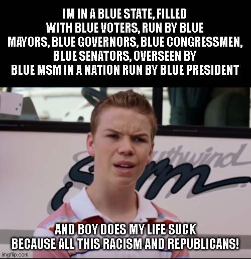 liberals be like: | IM IN A BLUE STATE, FILLED WITH BLUE VOTERS, RUN BY BLUE MAYORS, BLUE GOVERNORS, BLUE CONGRESSMEN, BLUE SENATORS, OVERSEEN BY BLUE MSM IN A NATION RUN BY BLUE PRESIDENT; AND BOY DOES MY LIFE SUCK BECAUSE ALL THIS RACISM AND REPUBLICANS! | image tagged in you guys are getting paid | made w/ Imgflip meme maker