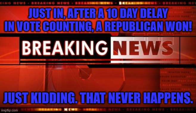 Elections | JUST IN, AFTER A 10 DAY DELAY IN VOTE COUNTING, A REPUBLICAN WON! JUST KIDDING. THAT NEVER HAPPENS. | image tagged in breaking news,fake news,democrats,republicans,funny meme,joe biden | made w/ Imgflip meme maker