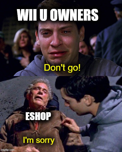 Eshop dead | WII U OWNERS; Don't go! ESHOP; I'm sorry | image tagged in uncle ben peter spiderman tobey | made w/ Imgflip meme maker