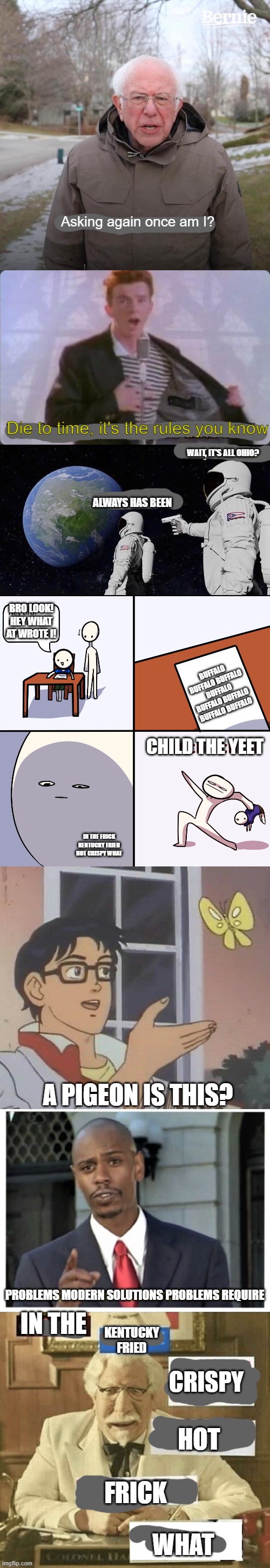 confused confusing confusion | Asking again once am I? Die to time, it's the rules you know; WAIT, IT'S ALL OHIO? ALWAYS HAS BEEN; BRO LOOK! HEY WHAT AT WROTE I! BUFFALO BUFFALO BUFFALO BUFFALO BUFFALO BUFFALO BUFFALO BUFFALO; CHILD THE YEET; IN THE FRICK KENTUCKY FRIED HOT CRISPY WHAT; A PIGEON IS THIS? PROBLEMS MODERN SOLUTIONS PROBLEMS REQUIRE; IN THE; KENTUCKY FRIED; CRISPY; HOT; FRICK; WHAT | image tagged in memes,bernie i am once again asking for your support,you know the rules it's time to die,always has been,yeet the child | made w/ Imgflip meme maker