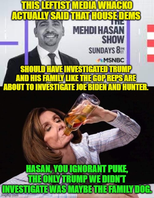 Where does MSNBC dig up some of these idiots? | THIS LEFTIST MEDIA WHACKO ACTUALLY SAID THAT HOUSE DEMS; SHOULD HAVE INVESTIGATED TRUMP AND HIS FAMILY LIKE THE GOP REPS ARE ABOUT TO INVESTIGATE JOE BIDEN AND HUNTER. HASAN, YOU IGNORANT PUKE, THE ONLY TRUMP WE DIDN'T INVESTIGATE WAS MAYBE THE FAMILY DOG. | image tagged in day drinkers united | made w/ Imgflip meme maker