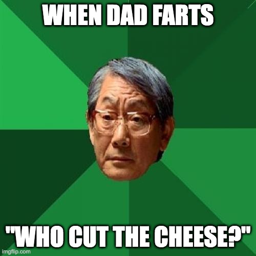 dad farts | WHEN DAD FARTS; "WHO CUT THE CHEESE?" | image tagged in funny | made w/ Imgflip meme maker