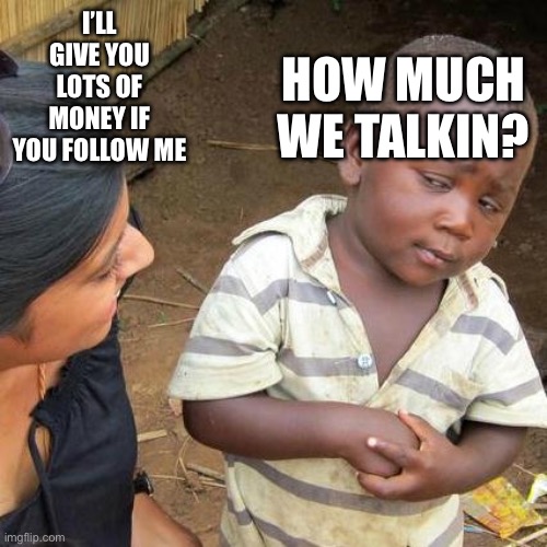 Money is money | HOW MUCH WE TALKIN? I’LL GIVE YOU LOTS OF MONEY IF YOU FOLLOW ME | image tagged in memes,third world skeptical kid | made w/ Imgflip meme maker