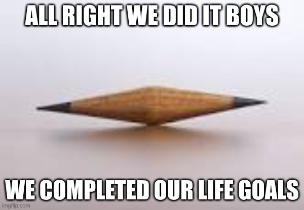 my goals |  ALL RIGHT WE DID IT BOYS; WE COMPLETED OUR LIFE GOALS | image tagged in pencil | made w/ Imgflip meme maker