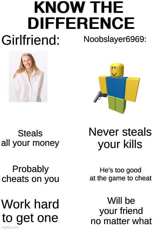 PSA | Noobslayer6969:; Girlfriend:; Never steals your kills; Steals all your money; Probably cheats on you; He's too good at the game to cheat; Work hard to get one; Will be your friend no matter what | image tagged in know the difference | made w/ Imgflip meme maker