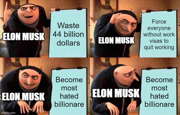 Elon | Waste 44 billion dollars; Force everyone without work visas to quit working; ELON MUSK; ELON MUSK; Become most hated billionare; Become most hated billionare; ELON MUSK; ELON MUSK | image tagged in memes,gru's plan | made w/ Imgflip meme maker