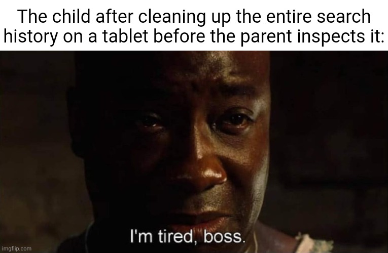 Tablet | The child after cleaning up the entire search history on a tablet before the parent inspects it: | image tagged in i'm tired boss,memes,meme,tablet,search history,tablets | made w/ Imgflip meme maker