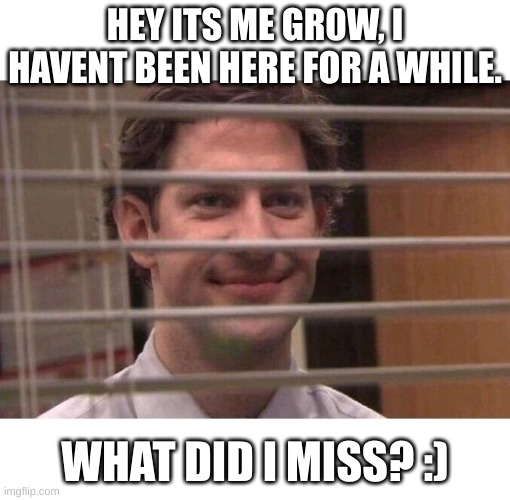i am finally back after some time | HEY ITS ME GR0W, I HAVENT BEEN HERE FOR A WHILE. WHAT DID I MISS? :) | image tagged in jim office blinds,memes,gone,back | made w/ Imgflip meme maker