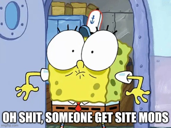 Sponegbob anime eyes / oh shit | OH SHIT, SOMEONE GET SITE MODS | image tagged in sponegbob anime eyes / oh shit | made w/ Imgflip meme maker