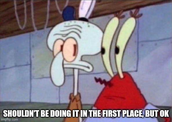 Squidward And Mr. Krabs Look At Each Other | SHOULDN'T BE DOING IT IN THE FIRST PLACE, BUT OK | image tagged in squidward and mr krabs look at each other | made w/ Imgflip meme maker