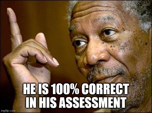 This Morgan Freeman | HE IS 100% CORRECT IN HIS ASSESSMENT | image tagged in this morgan freeman | made w/ Imgflip meme maker