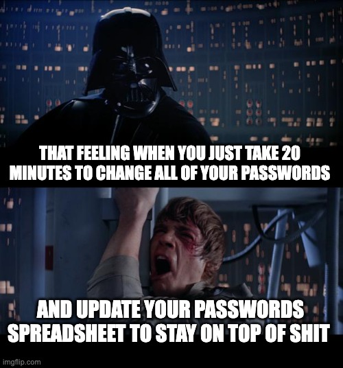 Can you relate? |  THAT FEELING WHEN YOU JUST TAKE 20 MINUTES TO CHANGE ALL OF YOUR PASSWORDS; AND UPDATE YOUR PASSWORDS SPREADSHEET TO STAY ON TOP OF SHIT | image tagged in memes,star wars no | made w/ Imgflip meme maker